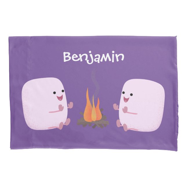 Cute pink marshmallows by camp fire cartoon pillowcase (Front)