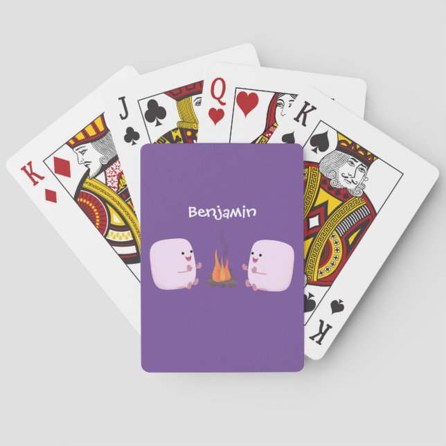 Cute pink marshmallows by camp fire cartoon playing cards (Back)