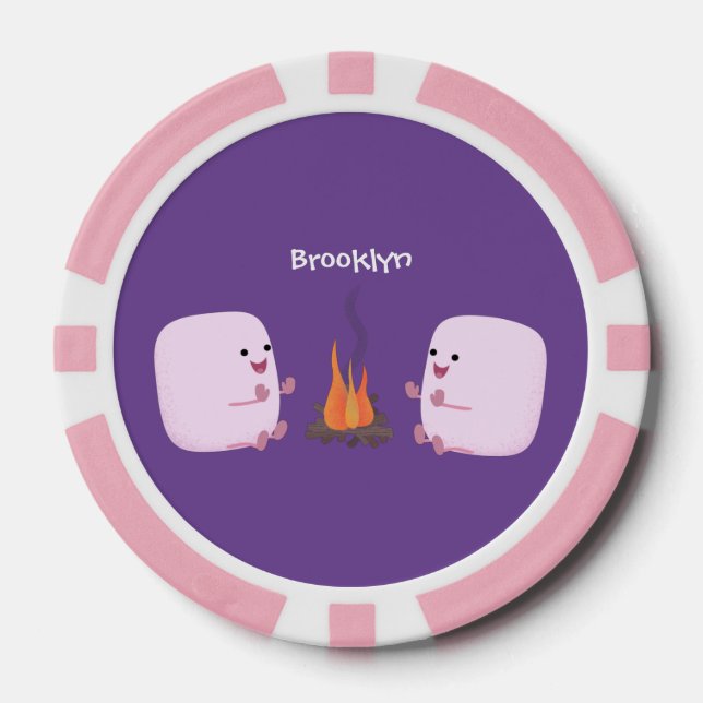 Cute pink marshmallows by camp fire cartoon poker chips (Front)