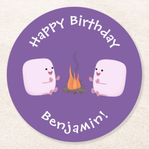 Cute pink marshmallows by camp fire cartoon round paper coaster