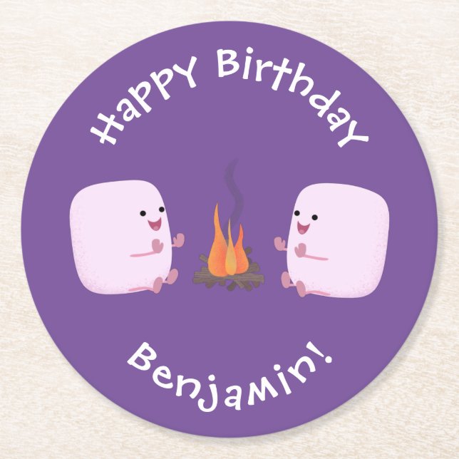 Cute pink marshmallows by camp fire cartoon round paper coaster (Front)