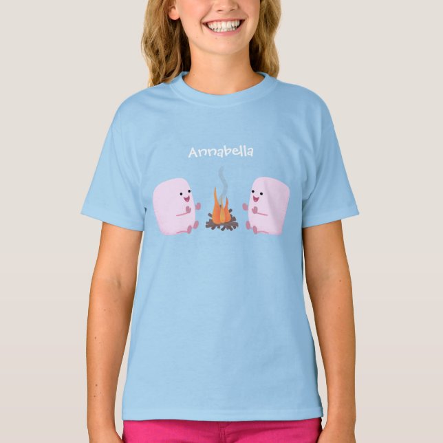 Cute pink marshmallows by camp fire cartoon T-Shirt (Front)