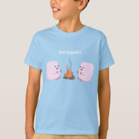 Cute pink marshmallows by camp fire cartoon