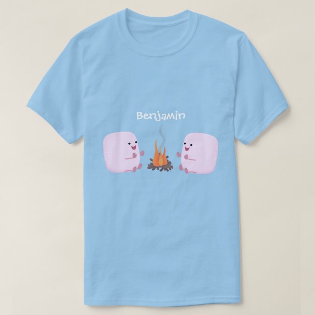 Cute pink marshmallows by camp fire cartoon T-Shirt (Design Front)