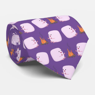 Cute pink marshmallows by camp fire cartoon tie