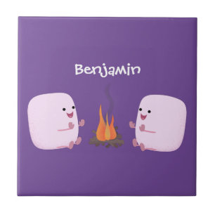 Cute pink marshmallows by camp fire cartoon tile