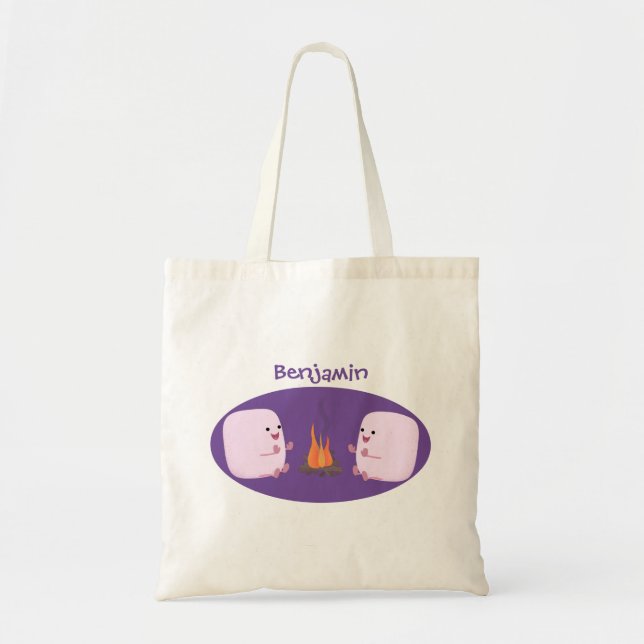 Cute pink marshmallows by camp fire cartoon tote bag (Front)