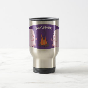 Cute pink marshmallows by camp fire cartoon travel mug