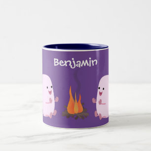 Cute pink marshmallows by camp fire cartoon Two-Tone coffee mug