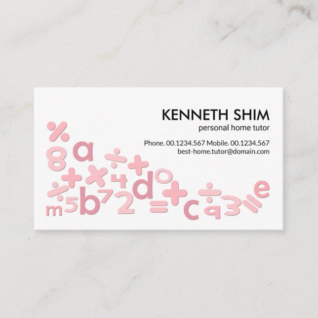 Cute Pink Math Symbols Alphabets Home Tutor Business Card (Front)