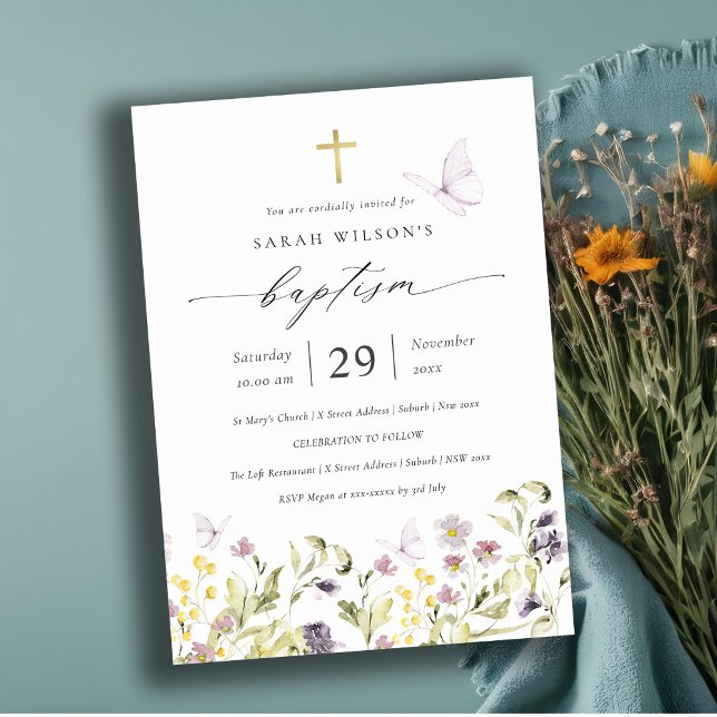 Cute Pink Meadow Floral Butterfly Baptism Invite (Creator Uploaded)