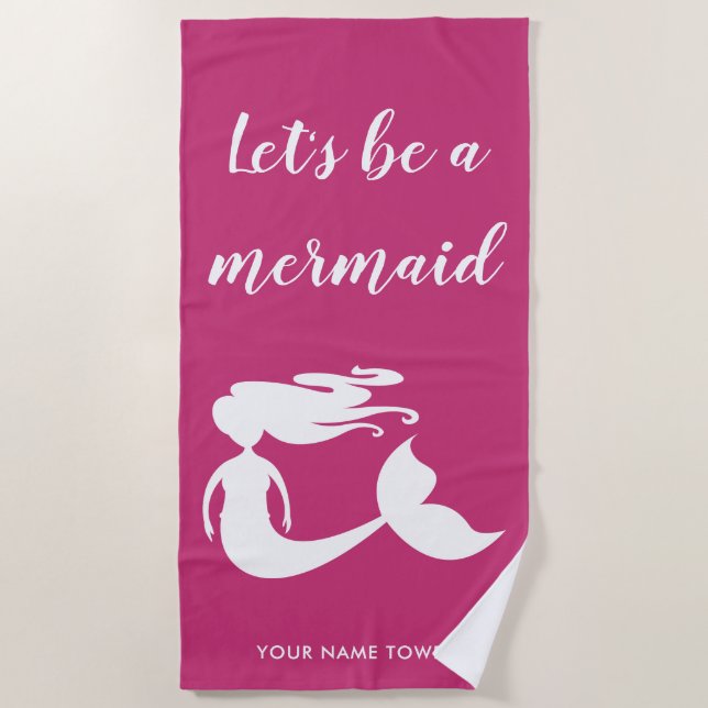 Cute pink mermaid beach towel with custom name (Front)
