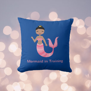 Cute Pink Mermaid in Training on Blue Cushion