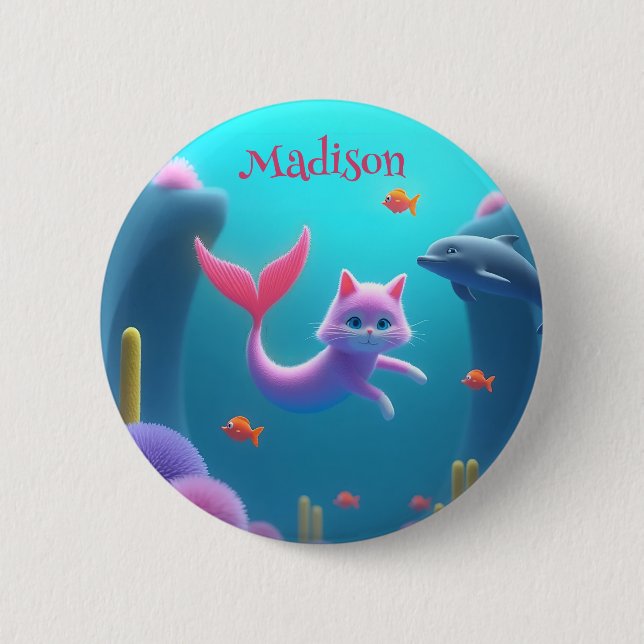 Cute Pink Mermaid Kitten 6 Cm Round Badge (Front)