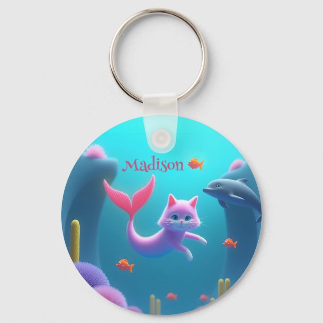 Cute Pink Mermaid Kitten Key Ring (Front)