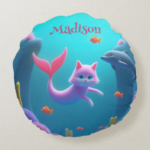 Cute Pink Mermaid Kitten Round Cushion