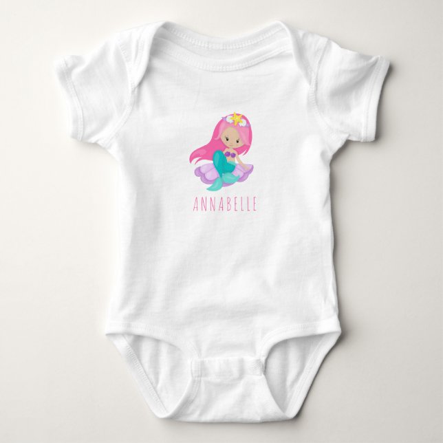 Cute Pink Mermaid Princess Girl Sitting Sea Shell Baby Bodysuit (Front)