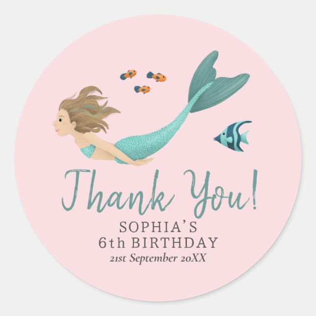 Cute Pink Mermaid Thank You Kids Birthday Classic Round Sticker (Front)