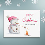 Cute Pink Merry Christmas Snowman Marshmallows<br><div class="desc">Cute Merry Christmas family postcard with an illustration of a cute snowman with pink hat and scarf roasting marshmallows. Personalise the text to add your own heartfelt message and send to your loved ones this upcoming holiday season. Illustrated and designed by Patricia Alvarez.</div>