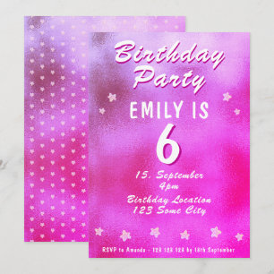 Cute Pink Metallic Foil Star Girly Birthday Invitation