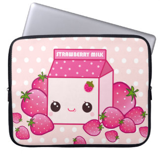 Cute pink milk carton with kawaii strawberries laptop sleeve