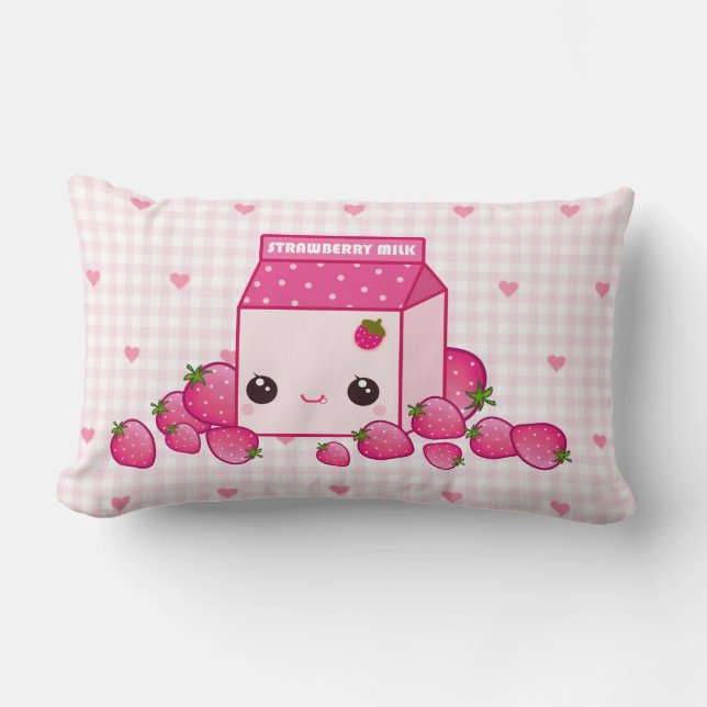 Cute pink milk carton with kawaii strawberries lumbar cushion (Front)