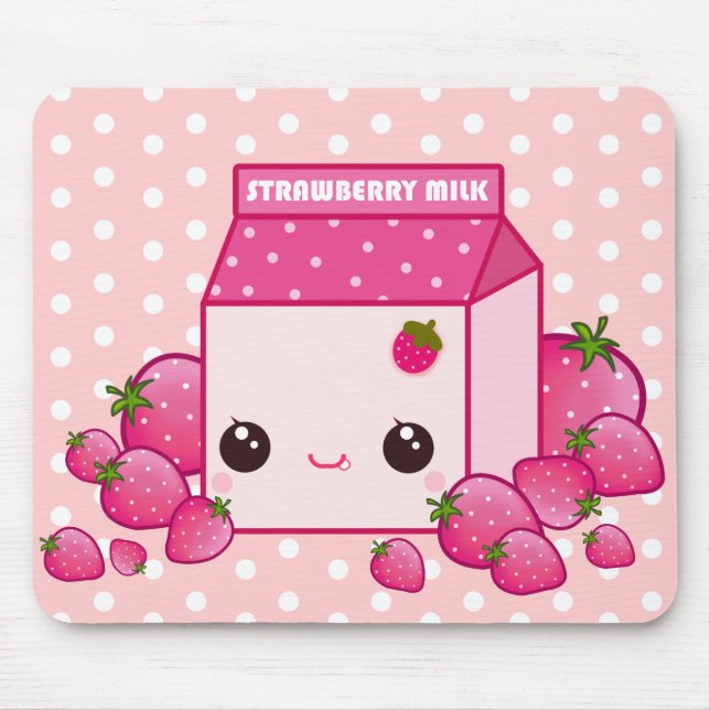 Cute pink milk carton with kawaii strawberries mouse pad (Front)
