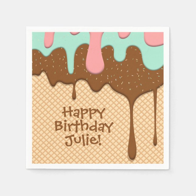cute pink, mint and chocolate ice cream cone napkin (Front)