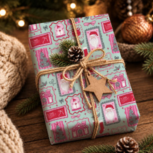 Cute Pink Mint Coquette Frames Pattern Christmas Wrapping Paper