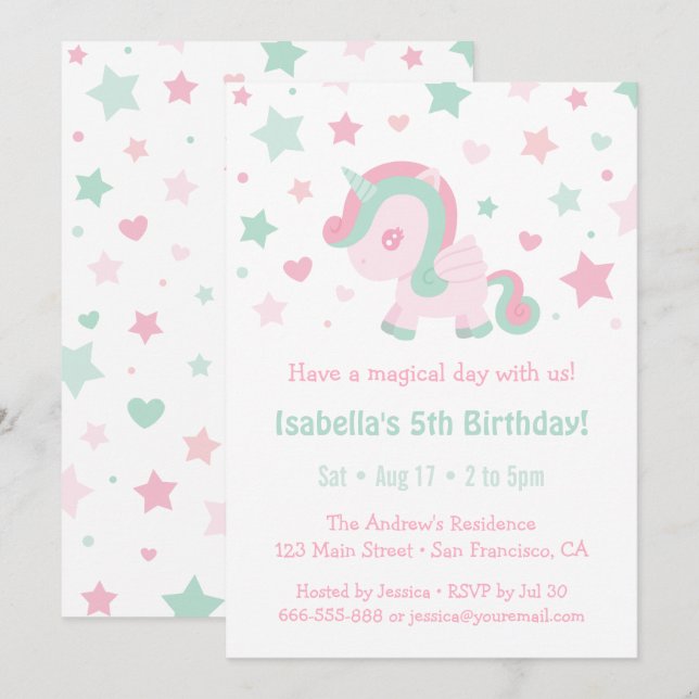 Cute Pink Mint Green Unicorn Girls Birthday Party Invitation (Front/Back)