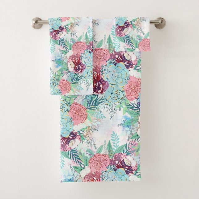 Cute Pink Mint Peony & Succulent Floral Hand Paint Bath Towel Set (Insitu)