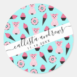 Cute Pink Mint Piggy Doughnut Ice Cream Cone Patte Classic Round Sticker