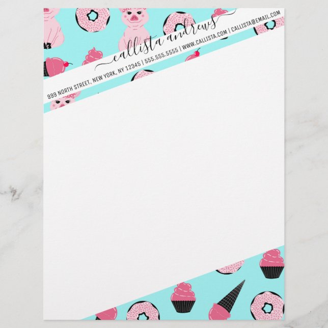 Cute Pink Mint Piggy Doughnut Ice Cream Cone Patte Custom Letterhead (Front)