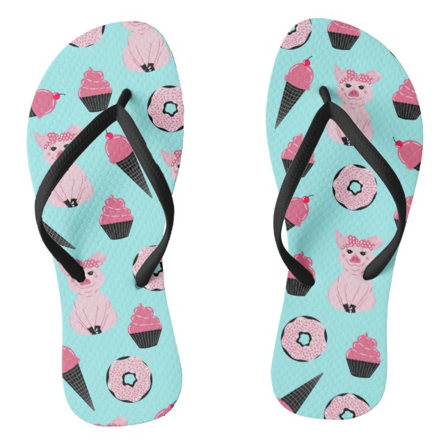 Cute Pink Mint Piggy Doughnut Ice Cream Cone Patte Jandals (Footbed)