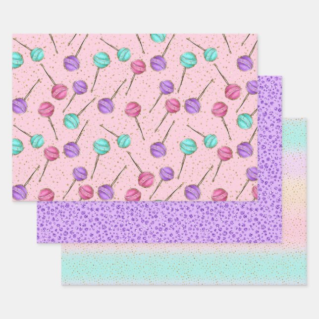Cute Pink Mint Purple Lollipops Little Girl's Wrapping Paper Sheet (Set)