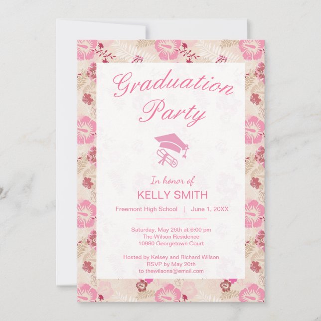 Cute pink modern flowers pattern graduation party invitation (Front)