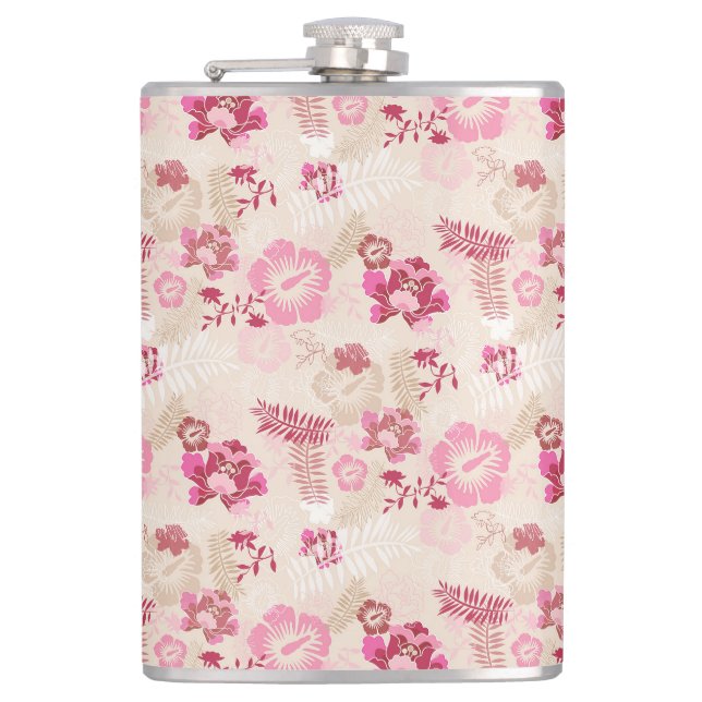 Cute pink modern flowers pattern hip flask (Front)
