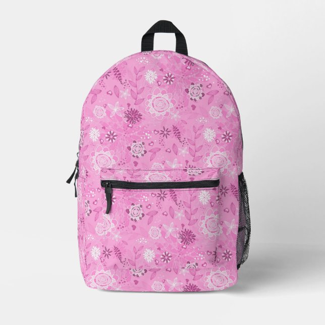Cute pink modern flowers pattern printed backpack (Front)