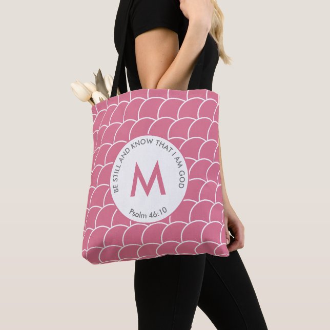 Cute Pink Monogram BE STILL AND KNOW Fish Scales Tote Bag (Close Up)