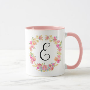 Cute Pink Monogram (E) Flower Wreath Mug