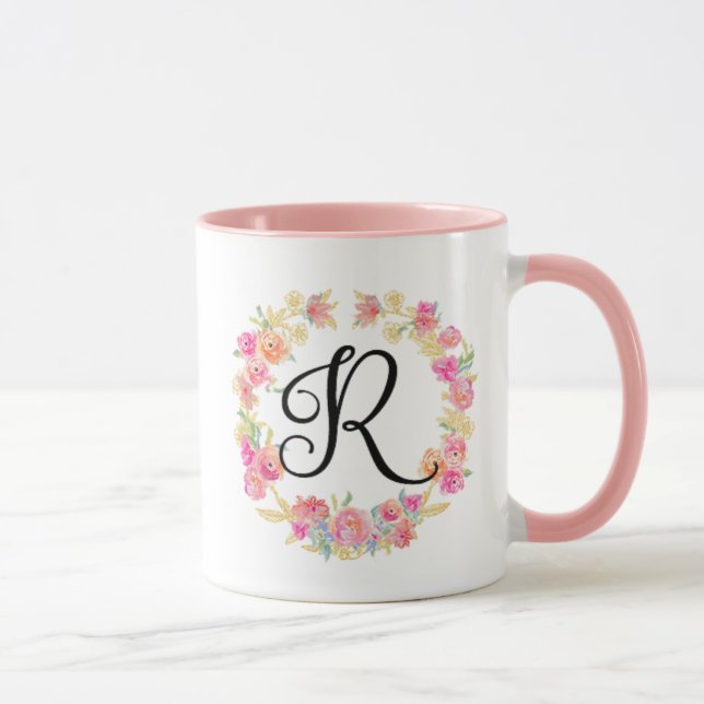 Cute Pink Monogram (R) Flower Wreath Mug (Right)