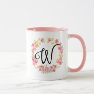 Cute Pink Monogram (W) Flower Wreath Mug