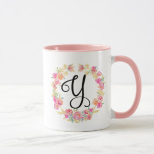 Cute Pink Monogram (Y) Flower Wreath Mug