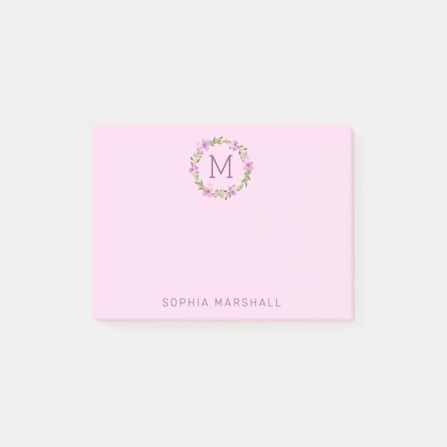 Cute Pink Monogrammed Floral Wreath Post-it Notes (Front)