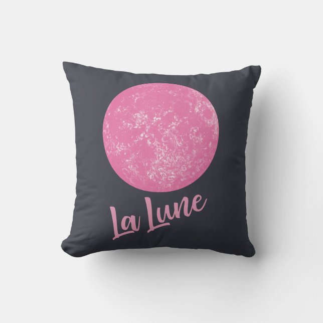 Cute Pink Moon Illustration French La Lune Blue Cushion (Front)