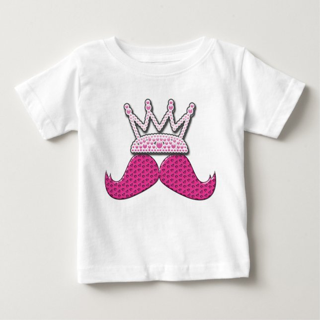 Cute Pink Moustache Printed Pearls Crown Baby T-Shirt (Front)