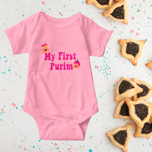 Cute Pink My First Purim Holiday Baby Bodysuit