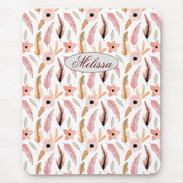 Cute Pink Name Floral Watercolor Girly Mouse Pad (Front)