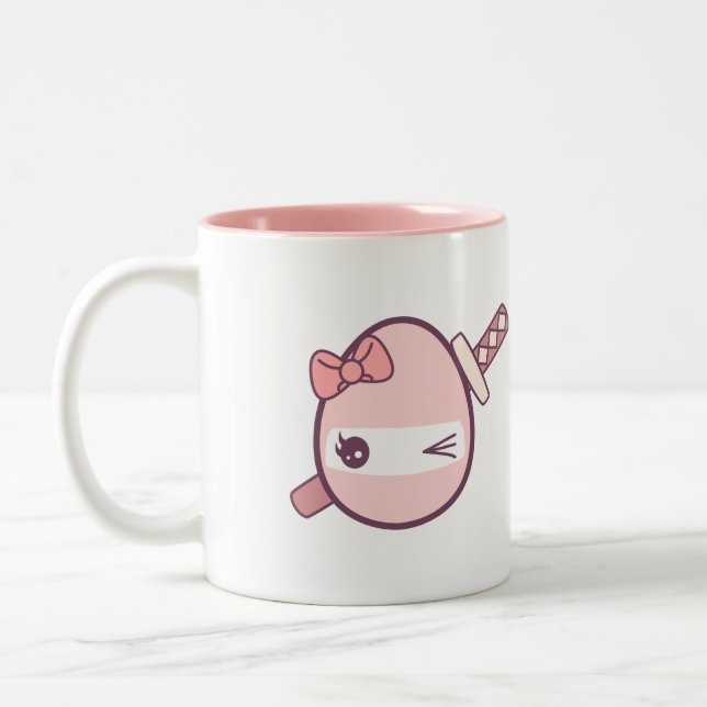 Cute Pink Ninja Egg With a Katana Two-Tone Coffee Mug (Left)