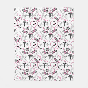 Cute Pink Nurse Doctor EKG Stethoscope Pattern Fleece Blanket